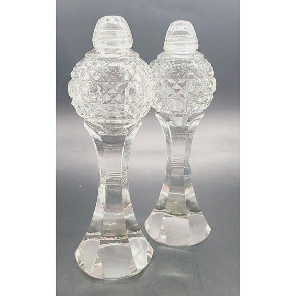 Bohemian Cut Crystal Salt & Pepper Shakers Tall Footed MCM Vintage - Picture 7 of 9